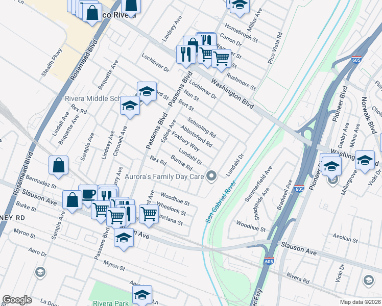 map of restaurants, bars, coffee shops, grocery stores, and more near 9611 Lundahl Drive in Pico Rivera