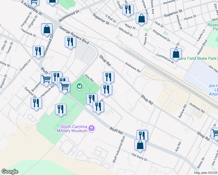 map of restaurants, bars, coffee shops, grocery stores, and more near 185 Key Road in Columbia