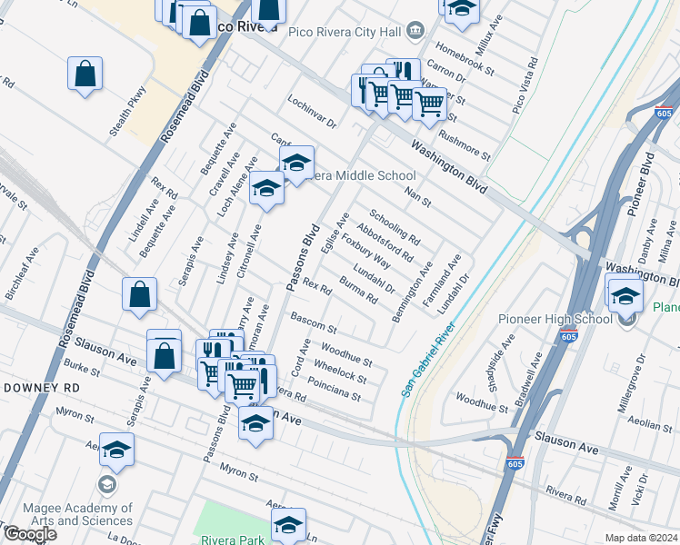 map of restaurants, bars, coffee shops, grocery stores, and more near 9529 Burma Road in Pico Rivera