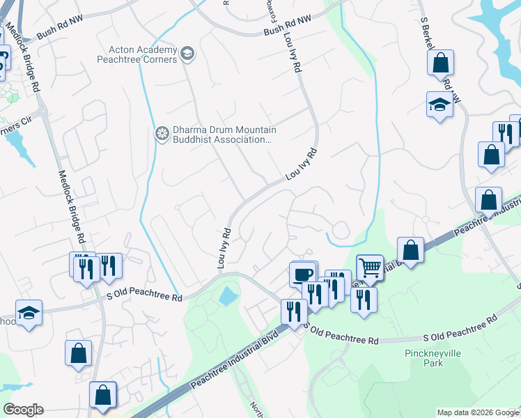 map of restaurants, bars, coffee shops, grocery stores, and more near 3538 Dunlin Shore Court in Norcross
