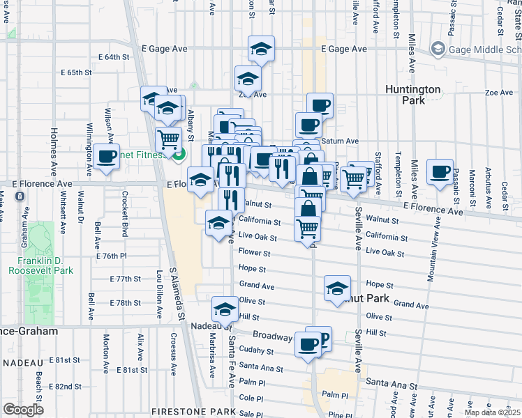 map of restaurants, bars, coffee shops, grocery stores, and more near 2454 Walnut Street in Huntington Park