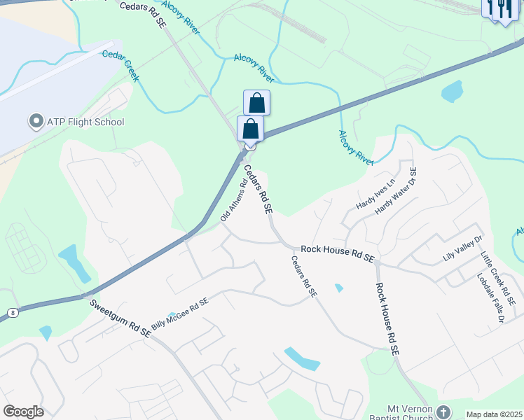 map of restaurants, bars, coffee shops, grocery stores, and more near 1520 Cedars Road in Lawrenceville