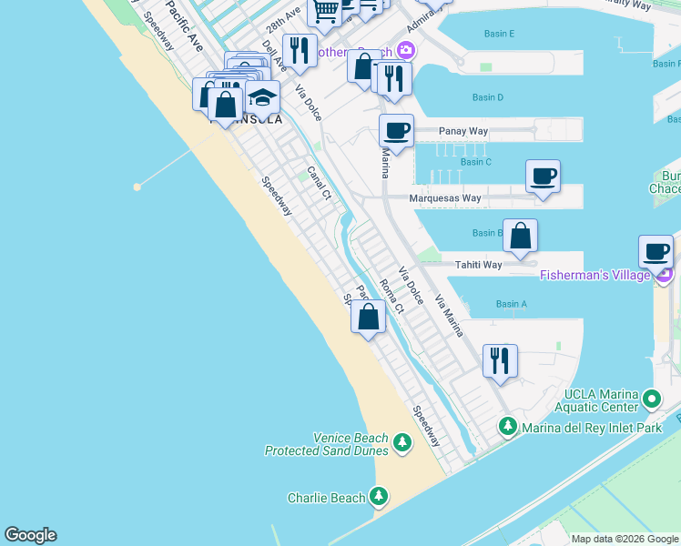 map of restaurants, bars, coffee shops, grocery stores, and more near 28 Ketch Street in Marina del Rey