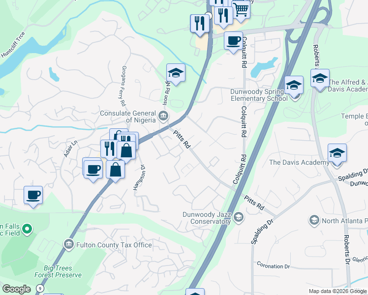 map of restaurants, bars, coffee shops, grocery stores, and more near 7923 Roswell Road Northeast in Sandy Springs