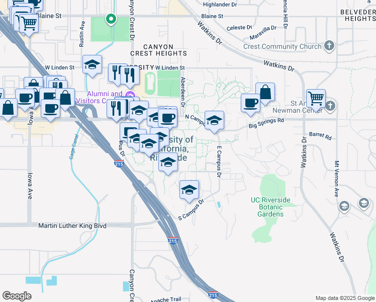 map of restaurants, bars, coffee shops, grocery stores, and more near in Riverside