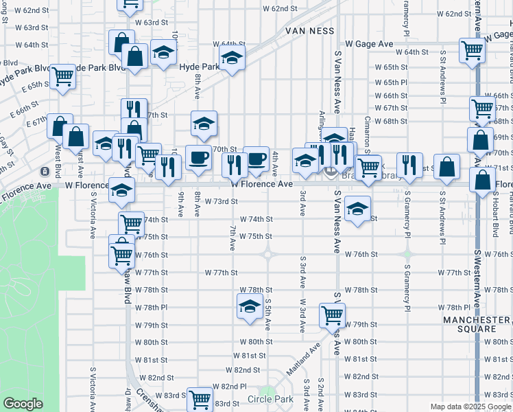 map of restaurants, bars, coffee shops, grocery stores, and more near 2616 West 73rd Street in Los Angeles