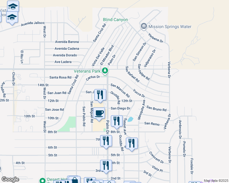 map of restaurants, bars, coffee shops, grocery stores, and more near 66540 Ocotillo Road in Desert Hot Springs