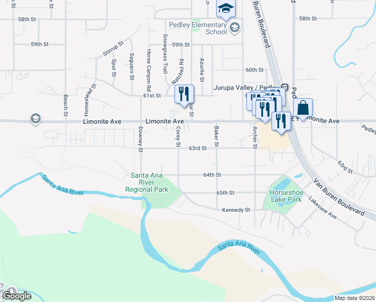 map of restaurants, bars, coffee shops, grocery stores, and more near 9212 63rd Street in Riverside