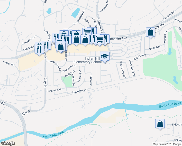 map of restaurants, bars, coffee shops, grocery stores, and more near 6340 Brian Circle in Riverside