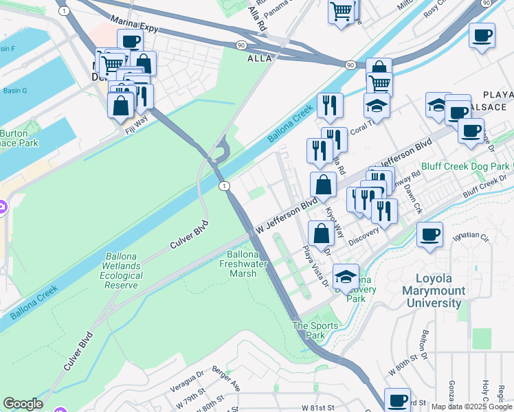 map of restaurants, bars, coffee shops, grocery stores, and more near 5510 Lincoln Boulevard in Los Angeles