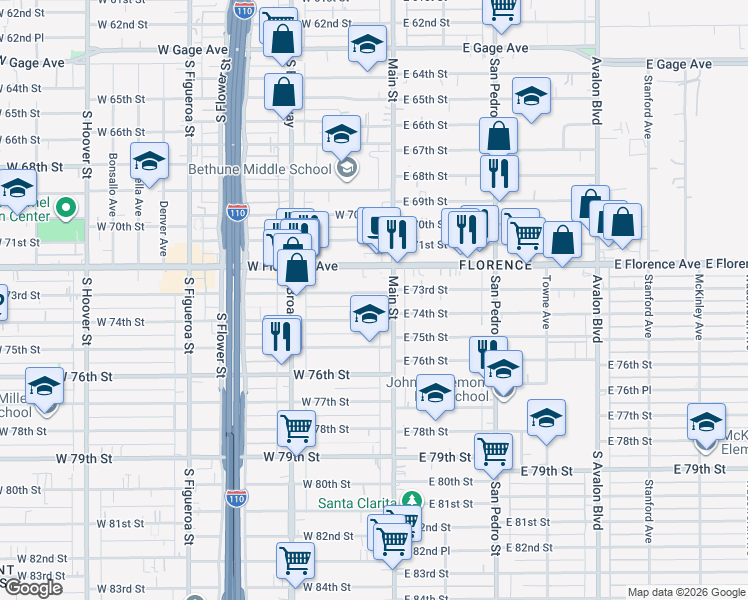map of restaurants, bars, coffee shops, grocery stores, and more near 126 West 73rd Street in Los Angeles