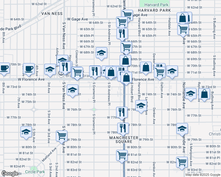 map of restaurants, bars, coffee shops, grocery stores, and more near 1858 West 73rd Street in Los Angeles