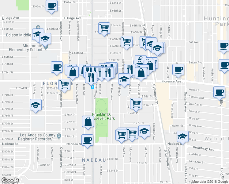 map of restaurants, bars, coffee shops, grocery stores, and more near 7316 Whitsett Avenue in Los Angeles