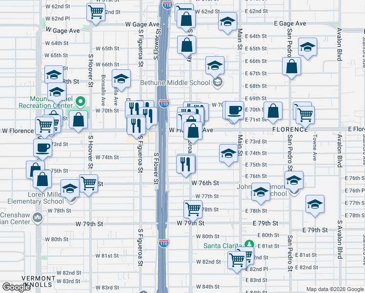 map of restaurants, bars, coffee shops, grocery stores, and more near 316 West 73rd Street in Los Angeles