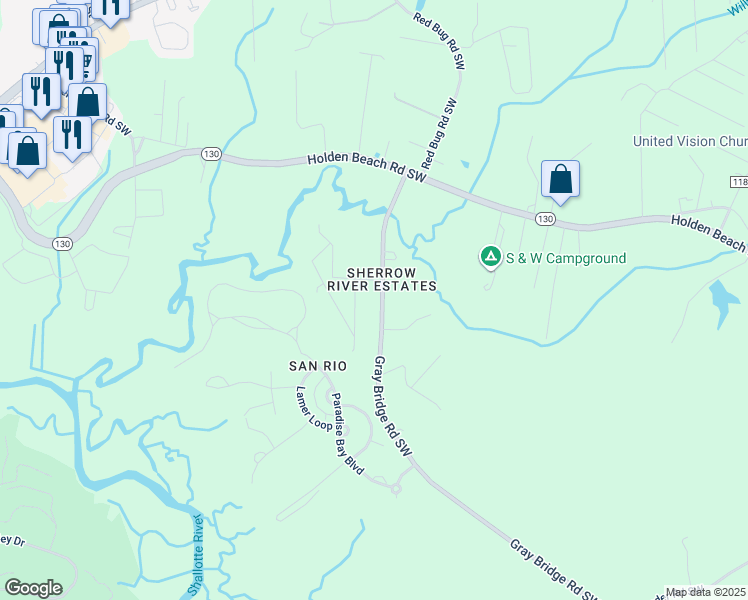 map of restaurants, bars, coffee shops, grocery stores, and more near 417 Gray Bridge Road Southwest in Shallotte