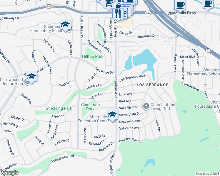 map of restaurants, bars, coffee shops, grocery stores, and more near 15410 Elm Lane in Chino Hills