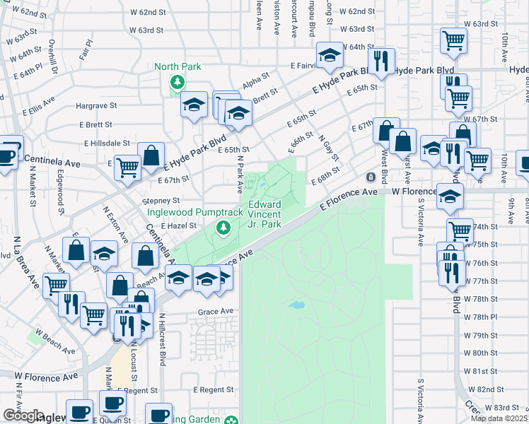 map of restaurants, bars, coffee shops, grocery stores, and more near 700 Warren Lane in Inglewood