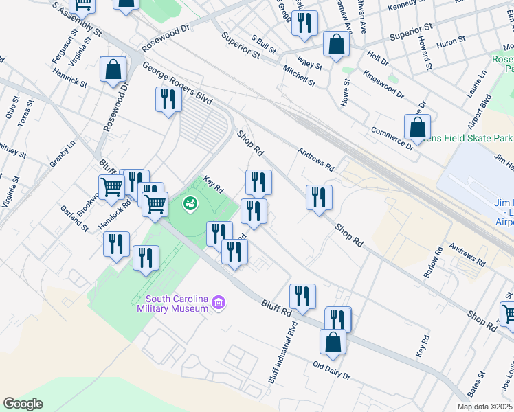 map of restaurants, bars, coffee shops, grocery stores, and more near 185 Key Road in Columbia