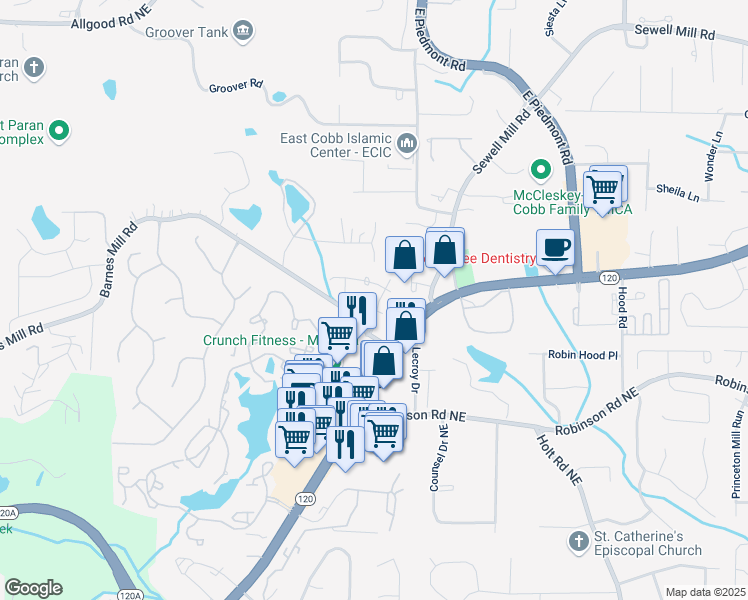 map of restaurants, bars, coffee shops, grocery stores, and more near 909 Bradford Lane in Marietta