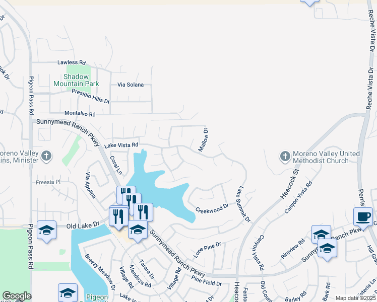 map of restaurants, bars, coffee shops, grocery stores, and more near 10125 Mallow Drive in Moreno Valley