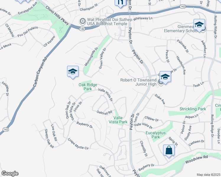 map of restaurants, bars, coffee shops, grocery stores, and more near 15413 Oakgrove Court in Chino Hills