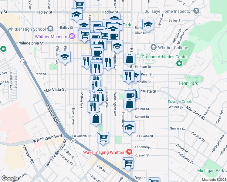 map of restaurants, bars, coffee shops, grocery stores, and more near 7601 Washington Avenue in Whittier