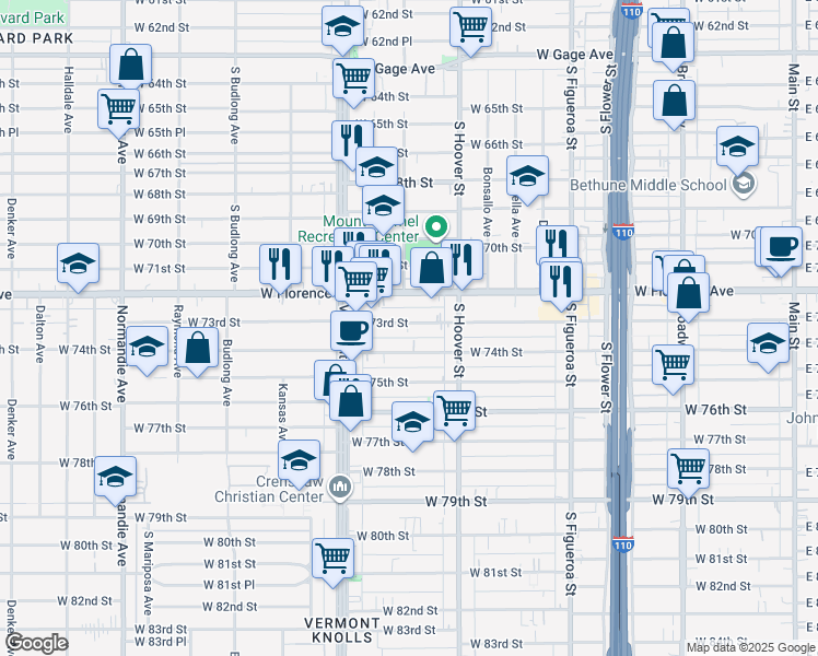 map of restaurants, bars, coffee shops, grocery stores, and more near 856 West 73rd Street in Los Angeles