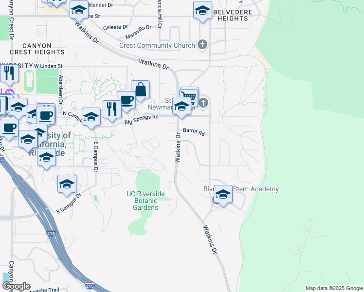 map of restaurants, bars, coffee shops, grocery stores, and more near 4050 Watkins Drive in Riverside