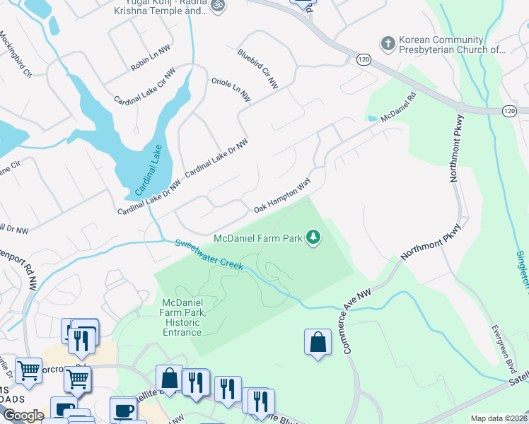 map of restaurants, bars, coffee shops, grocery stores, and more near 3100 Oak Hampton Way in Duluth