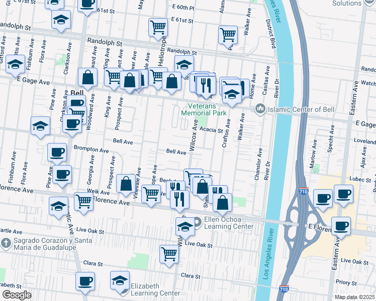 map of restaurants, bars, coffee shops, grocery stores, and more near 6725 Wilcox Avenue in Bell