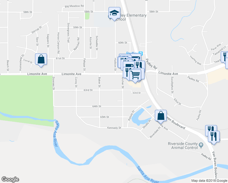 map of restaurants, bars, coffee shops, grocery stores, and more near 9006 63rd Street in Riverside