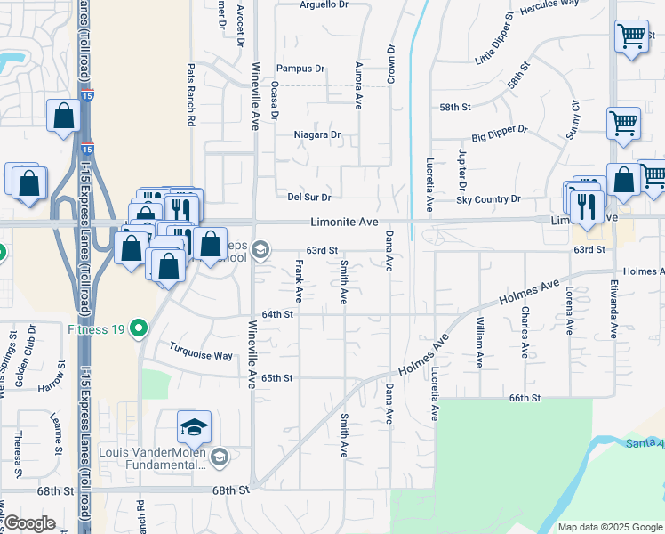 map of restaurants, bars, coffee shops, grocery stores, and more near 6323 Smith Avenue in Jurupa Valley