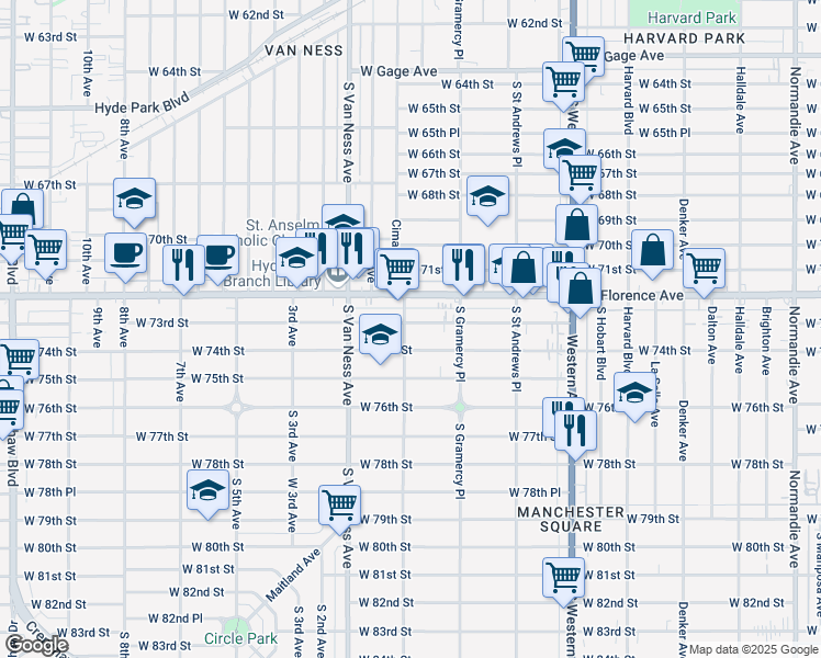 map of restaurants, bars, coffee shops, grocery stores, and more near 2058 West 73rd Street in Los Angeles