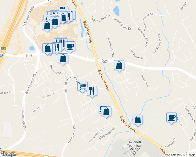 map of restaurants, bars, coffee shops, grocery stores, and more near 1875 Westfield Drive Northwest in Lawrenceville