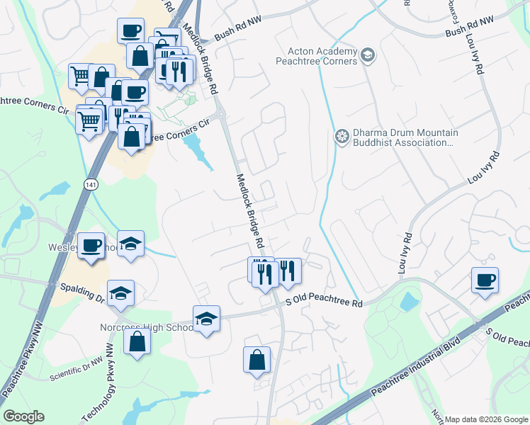 map of restaurants, bars, coffee shops, grocery stores, and more near 3595 Stanton Lane in Peachtree Corners