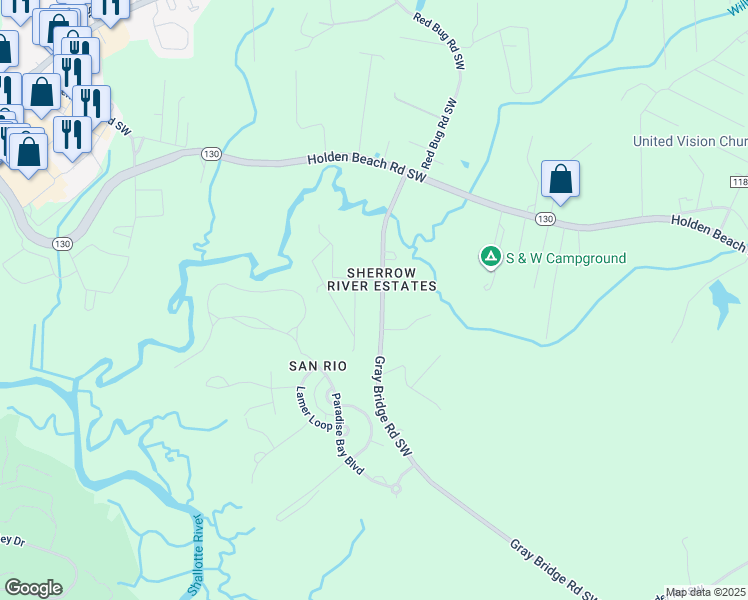 map of restaurants, bars, coffee shops, grocery stores, and more near 417 Gray Bridge Road Southwest in Shallotte