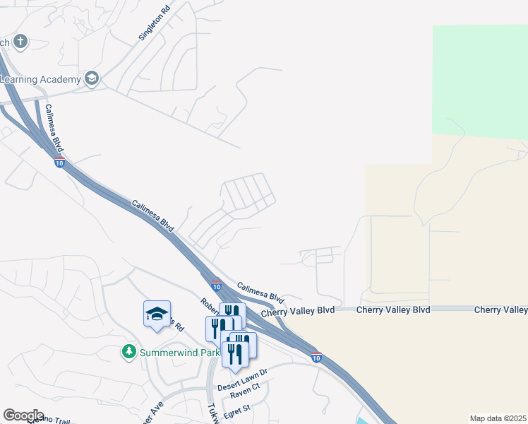 map of restaurants, bars, coffee shops, grocery stores, and more near 10320 Calimesa Boulevard in Calimesa