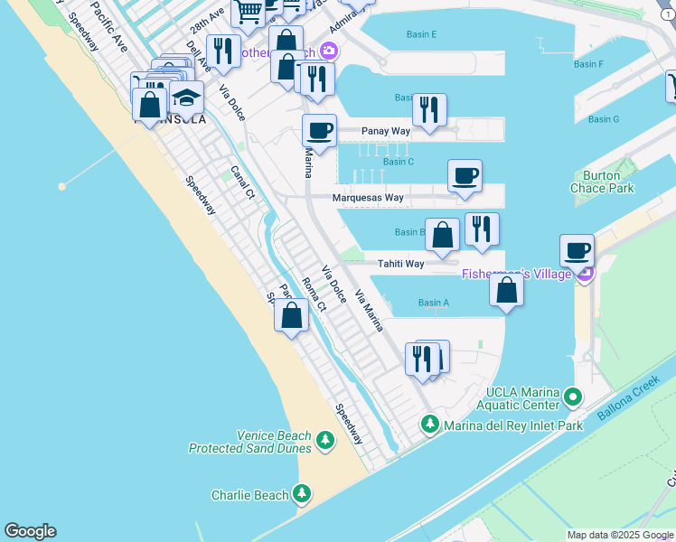 map of restaurants, bars, coffee shops, grocery stores, and more near 310 Tahiti Way in Marina del Rey