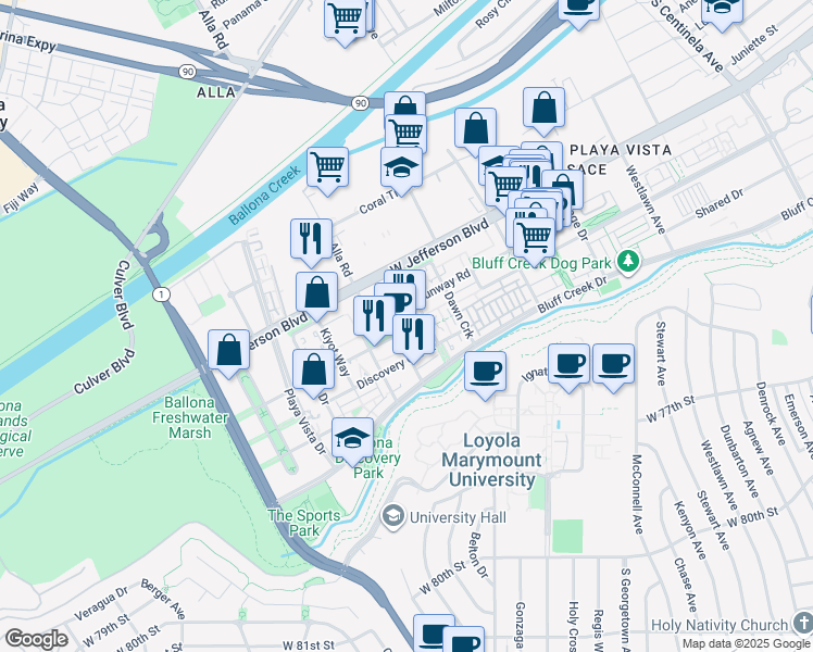 map of restaurants, bars, coffee shops, grocery stores, and more near 6020 South Seabluff Drive in Los Angeles
