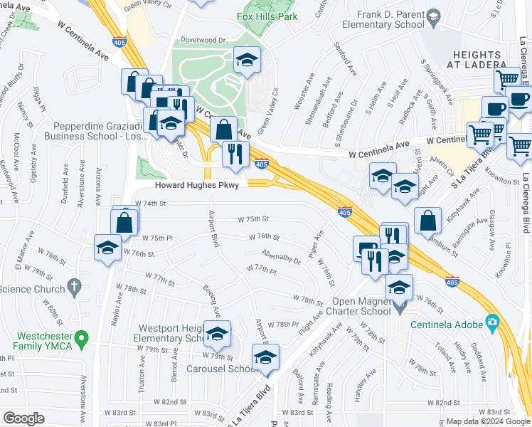 map of restaurants, bars, coffee shops, grocery stores, and more near 5891 West 75th Street in Los Angeles