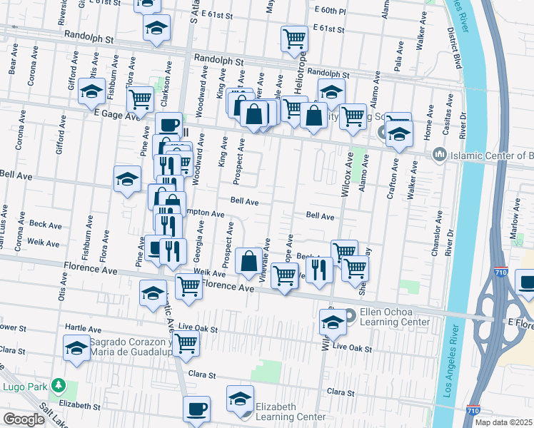map of restaurants, bars, coffee shops, grocery stores, and more near 6809 Vinevale Avenue in Bell