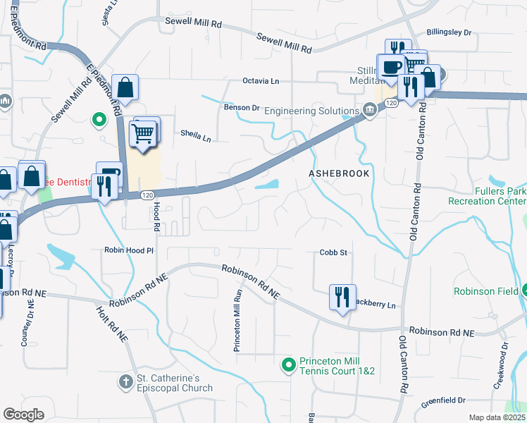 map of restaurants, bars, coffee shops, grocery stores, and more near 921 Bridgegate Drive Northeast in Marietta