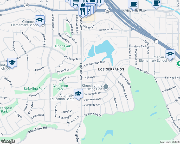 map of restaurants, bars, coffee shops, grocery stores, and more near 4169 El Molino Boulevard in Chino Hills