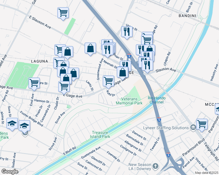map of restaurants, bars, coffee shops, grocery stores, and more near 7092 East Gage Avenue in Commerce