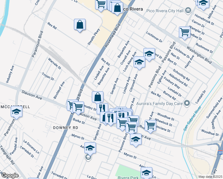 map of restaurants, bars, coffee shops, grocery stores, and more near 7521 Serapis Avenue in Pico Rivera