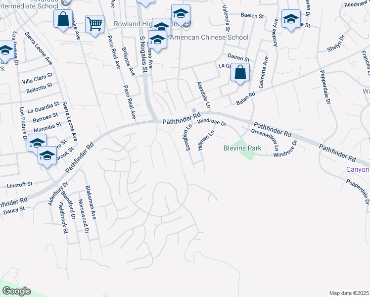 map of restaurants, bars, coffee shops, grocery stores, and more near 2351 Songbird Lane in Rowland Heights