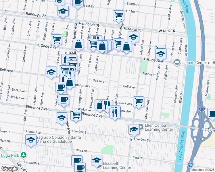 map of restaurants, bars, coffee shops, grocery stores, and more near 6809 Vinevale Avenue in Bell