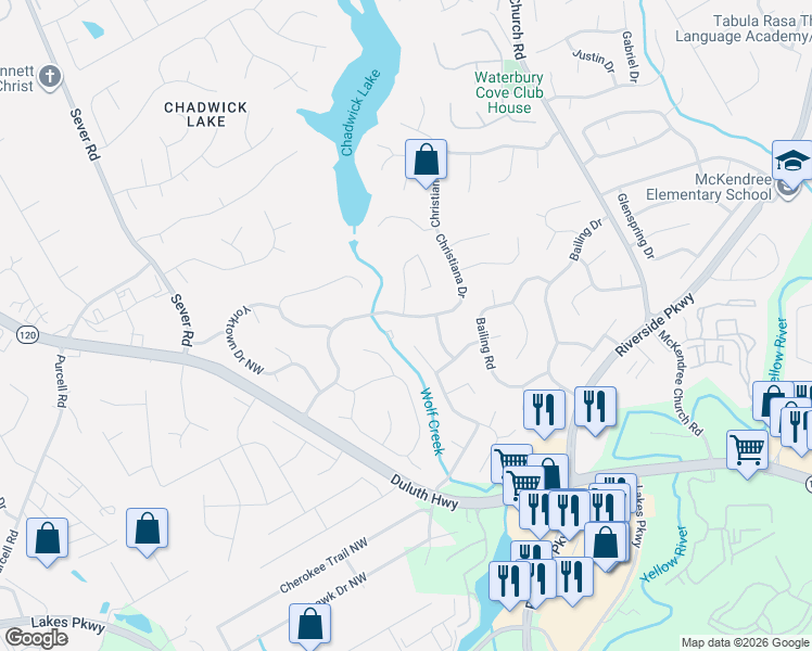 map of restaurants, bars, coffee shops, grocery stores, and more near 1489 Christiana Drive in Lawrenceville