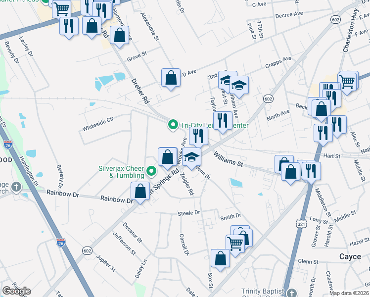 map of restaurants, bars, coffee shops, grocery stores, and more near 472 Brooks Avenue in West Columbia