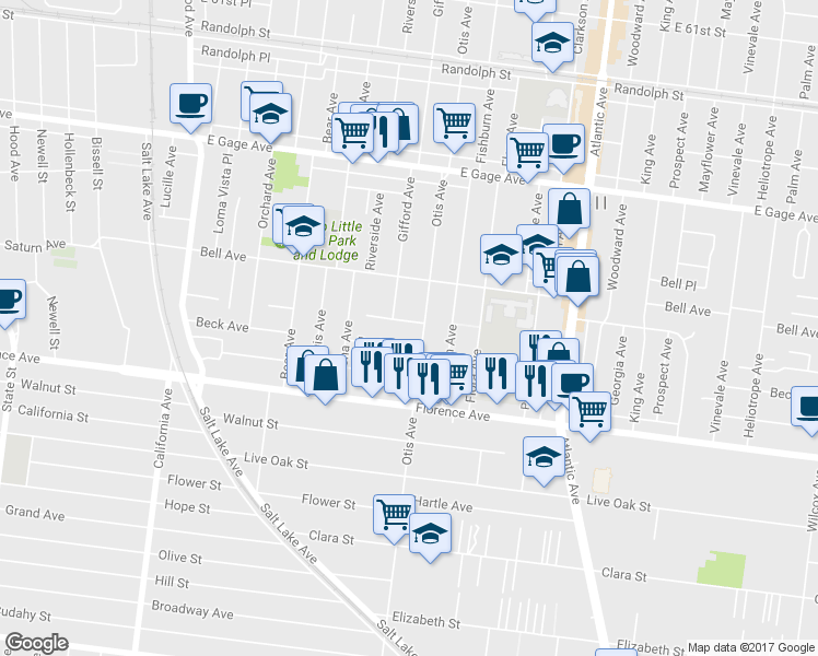 map of restaurants, bars, coffee shops, grocery stores, and more near 4120 Brompton Avenue in Bell